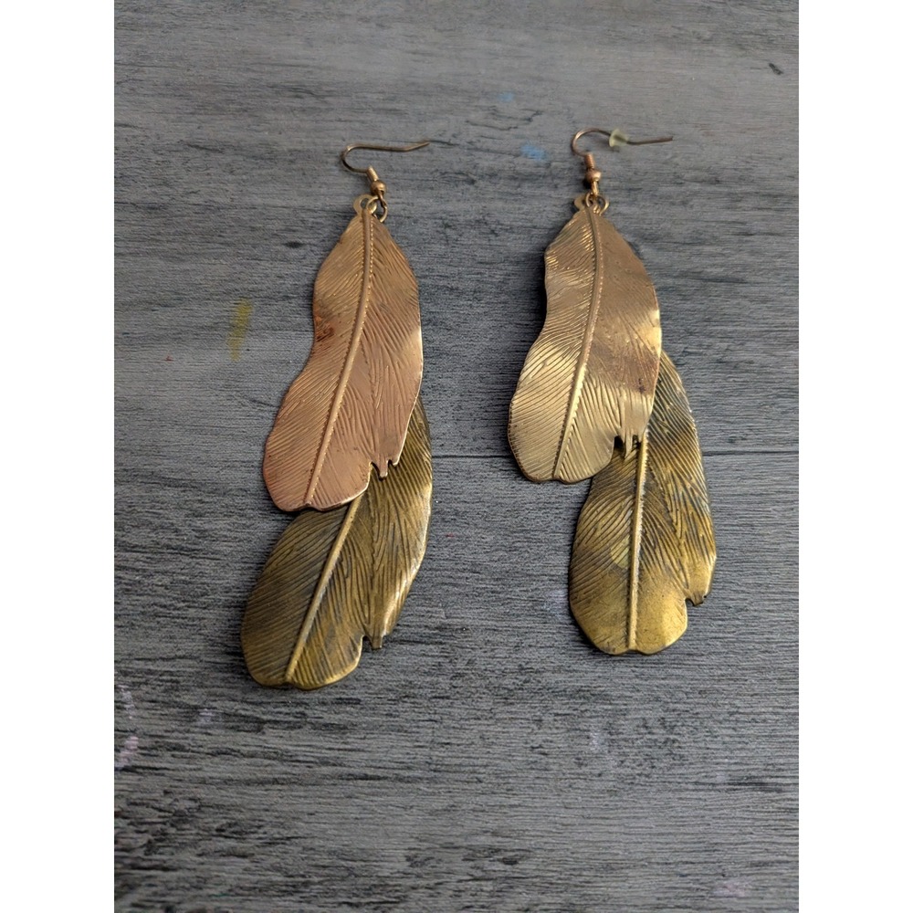 Vintage Style Bronze Double Feather Dangle Earrings Boho Drop Jewelry